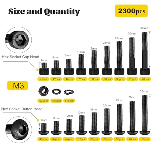 2300PCS M3 Screws with Nuts Assortment Kit, M3x4/6/8/12/16/20/25/30/35 mm Hex Socket Button & Cap Head Bolts Nut and Washers Set, 12.9 & 10.9 Grade Black Zinc Plated for DIY, 3D Printer - size: M3 2300pcs