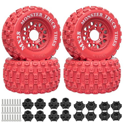 LRFHL MX28 F/R 2.8" RC Monster Truck Tires and Wheels 4PCS, Red | 12mm/14mm Hex Adapter, 1/10 RC Monster Truck, Compatible with Traxxas Stampede Rustler Redcat Arrma Vorteks Big Rock Granite - color: Red Tires+ Red Wheel-7