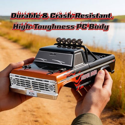 FMS 1/10 Ford F-100 Brushless RC Truck, 1973 Licensed RC Car for Adults, 55KM/H High Speed 2WD RC Crawler, Hobbywing 60A ESC & 3652 Motor, All-Metal Gears & Steel CVD Drive Shafts, RS (Black) - color: Flame Black