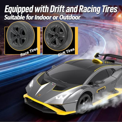 YONCHER RC Drift Car, Remote Control Car for Kids Lamborghini Officially Licensed, 1:24 20KM/H 4WD RC Cars with Lights, Fast Racing Toy Car for Boys Girls, Gray - color: Sto Gray