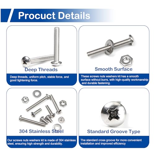 280Pcs #8-32 x 1/4" to 1-1/4" Pan Head Machine Screws Kit with Nuts Washers | 304 Stainless Steel, UNC Fully Threaded Phillips Drive, 8 Lengths for Furniture Cabinet, Electrical Outlets, Appliance Repair - size: #8-32