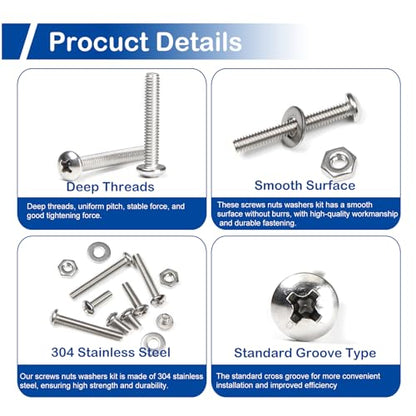 280Pcs #8-32 x 1/4" to 1-1/4" Pan Head Machine Screws Kit with Nuts Washers | 304 Stainless Steel, UNC Fully Threaded Phillips Drive, 8 Lengths for Furniture Cabinet, Electrical Outlets, Appliance Repair - size: #8-32