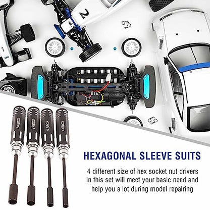 RC Metal Hex NUT Driver Set,4Pcs RC Metal Hex NUT Key Socket Screw Driver Wrench Accessories 4.0MM, 5.5MM, 7.0MM, 8.0MM for RC Cars Model Airplanes ﻿