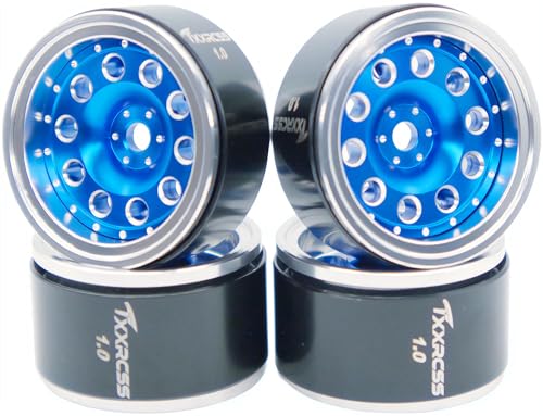 RC 1.0 Beadlock Wheels Offsets -2 Aluminum Rims for AX24 1/18 TRX4M All 1/24 Scale Axial SCX24 Deadbolt RC Crawler Car Wheels Upgrades 4Pc (Blue & Silver) - color: Blue & Silver