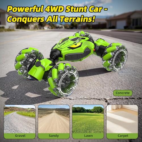 Unique 4WD High Speed RC Cars, Gesture Sensing Remote Control Cars for Boys 8-12, Double‑Sided Driving RC Drift Car, 360° Rotating Stunt Car Toys, Outdoor Toys for Kids Ages 6 7 8 9 10 11 12 Year Old - color: Green