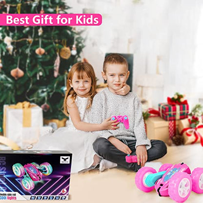 FREE TO FLY Remote Control Car for Girls : Pink RC Car Double Sided 360°Flip Stunt Cars with Headlights & WheelLights Rechargeable Toy Car Birthday Gifts for Girl Kids Age 6 7 8 9 10 11 12 Year Old - color: Pink Rose