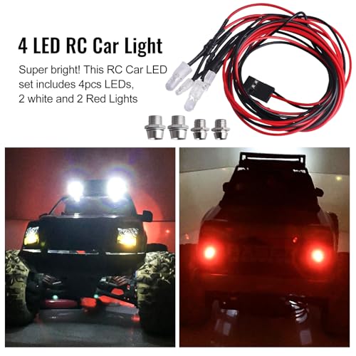 HobbyPark 4 LEDs RC Car Light Headlights Taillight Kit Accessories for Traxxas Slash 4X4 2WD Rustler VXL 4Tec 2.0 Arrma HSP Tamiya Redcat RC4WD Axial SCX10 Truck Tank Crawler(2 Red +2 White)