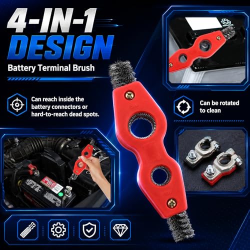 4 in 1 Car Battery Terminal Cleaning Brush with Ergonomic Handle | Portable Auto Battery Cleaner Brush Tool,Universal Car Batterys Cleaner Kit for Batterys Maintenance,Piping Engineering