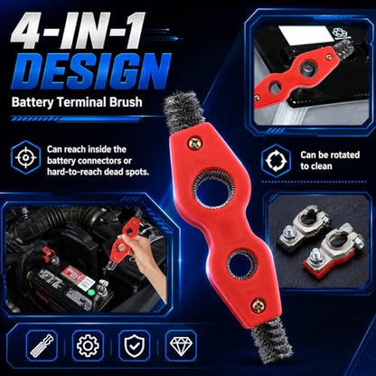 4 in 1 Car Battery Terminal Cleaning Brush with Ergonomic Handle | Portable Auto Battery Cleaner Brush Tool,Universal Car Batterys Cleaner Kit for Batterys Maintenance,Piping Engineering