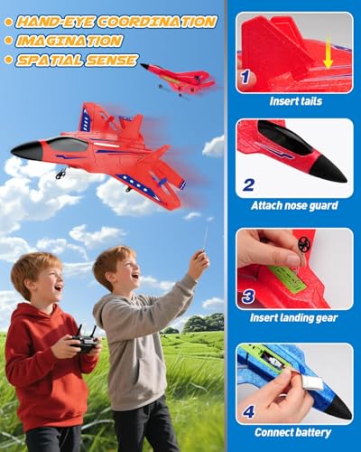 ANTSIR F22 RC Airplane for Kids Boys Adults Beginners Easy to Fly Toy Gift | Gyro Stabilizer, LED Lights, 2.4GHz 2 Channel, 2 Batteries EPP Foam RC Glider, 2.4GHz Remote Control Fighter Jet - color: Red F22-2 Batteries Kf