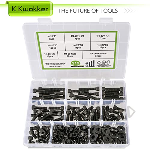 1/4 20 Bolt and Nuts, with Washers for Screws, Hex Socket Head Screws 7 Lengths are 2", 1-1/2", 1-1/4", 1", 3/4", 5/8", 1/2", 12.9 Grade Alloy Steel, 220Pcs, Black, Full Machine UNC Thread | 12.9 Grade Black UNC Thread Machine Bolts w/ Washers, 12.9 2", 1