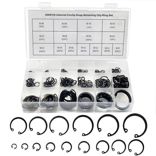 Boatsea 300-Pcs Internal Circlip Snap Retaining Clip Ring Assortment Set, Alloy Steel Internal Snap Ring Circlip Snap Retaining Clip Ring Assortment Set, Includes 15 Sizes of M8-M36 - size: Internal Retaining 300PCS