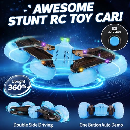 Remote Control Car for Kids, 360° Rotating Stunt Car, Double-Sided Driving, 2.4GHz RC Car, Rechargeable All-Terrain Toy, LED Glowing Wheels with Projection, for Boys & Girls Ages 4-8 - color: Blue