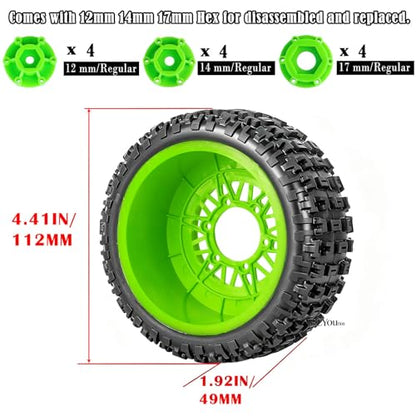 RC Wheels Tires Truck Tires 12mm/14mm/17mm Hex for 1/10 Slash 4×4 4WD 2WD/Axia1/Arrm a Senton/Redca t/Rc4w d,w/RC Wheels Hex Detachable Replace Running on Off-Road Tires,Green - color: Green- (Wheel Tires)