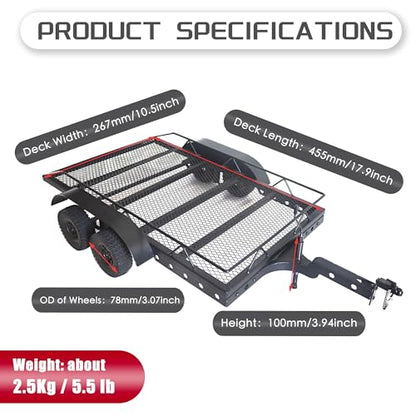 1/10 RC Car Trailer Heavy-Duty Metal RC Trailer for 1/10 RC Crawler TRX4 TRX6 SCX10 Gen7 Gen8, Hitch Receiver and Kinetic Winch Strap Included