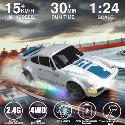 RC Drift Car 1:24 Remote Control Car 4WD 15KM/H High Speed Racing Sport Car with LED Lights RC Cars Toy for Kids Boys Girls Adults Gifts Birthday Christmas - color: Gray