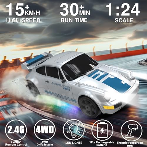 RC Drift Car 1:24 Remote Control Car 4WD 15KM/H High Speed Racing Sport Car with LED Lights RC Cars Toy for Kids Boys Girls Adults Gifts Birthday Christmas - color: Gray