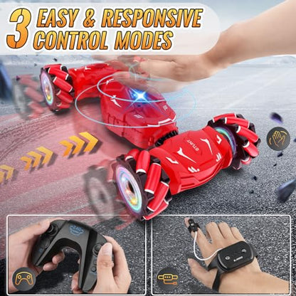 Pristar RC Stunt Cars, Gesture Sensing Remote Car Toys for 6-12 Boys Girls | 2.4Ghz Hand Remote Control Car with Spray Lights Music 360° Rotation 4WD Off-Road, Birthday Xmas Gifts for Kids Age 6-12 - color: Red
