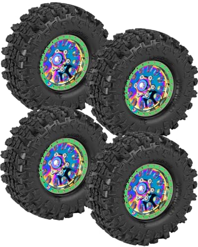 1.3 Beadlock Wheels 1.3 Beadlock Tires 1.3" RC Wheel and Tires Set for 1/18 TRX4M 1/24 SCX24 RC Crawler Car,Alloy Aluminium 1.3 RC Wheel Rims Super Large Soft Tires,4pcs,Rainbow - color: Rainbow(4pcs)