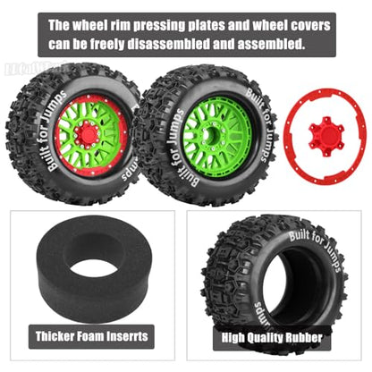 17mm Hex 1/7 1/8 1/10 RC Wheels and Tires for 1/10 Revo/Summit/T-Maxx/E-Revo,1/8 Kraton/Outcast/Fireteam/Notorious 6S,Sledge,1/7 Fireteam 6S,etc RC Monster Truck,(4Pcs) Red Green - color: Red Green - (Rc Truck Tires)