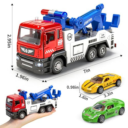 Diecast Tow Truck Toy, Pull Back Vehicle with 2 Mini Cars for Boys | Carrier Trucks Toys with Lights & Sound, Metal Tow Truck and Trailer for Kids Toddlers Age 3 4-7 8 9 Years Old - style: Tow Truck