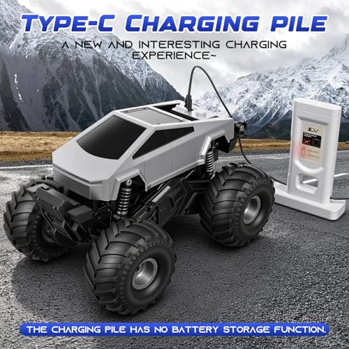 1:18 Amphibious 4WD Cyber RC Monster Truck, 2.4GHz Waterproof Stunt Car w/Charging Dock Gift for Boys 4+ - color: Silvery
