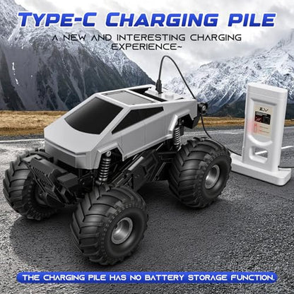 1:18 Amphibious 4WD Cyber RC Monster Truck, 2.4GHz Waterproof Stunt Car w/Charging Dock Gift for Boys 4+ - color: Silvery