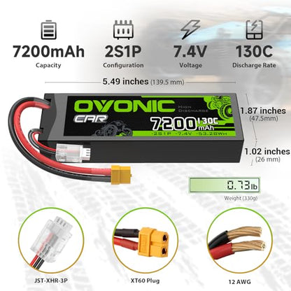 OVONIC 2S LiPo Battery 7200mAh 7.4V 130C RC Battery with XT60 to TRA Connector [2 Batteries in 1 Package]