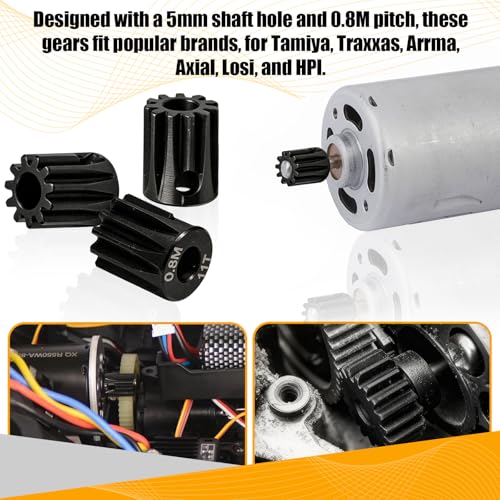3-Pack Steel Metal 0.8M 5mm Pinion Motor Gear Sets 11T Compatible with HPI Kyosho Losi Axial Tamiya 1/8 1/10 RC Car Monster Truck Buggy, 0.8 Module Gear for Traxxsa Arrma - style: 3Pcs 11T