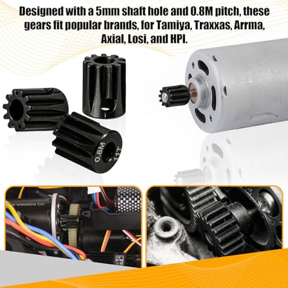 3-Pack Steel Metal 0.8M 5mm Pinion Motor Gear Sets 11T Compatible with HPI Kyosho Losi Axial Tamiya 1/8 1/10 RC Car Monster Truck Buggy, 0.8 Module Gear for Traxxsa Arrma - style: 3Pcs 11T
