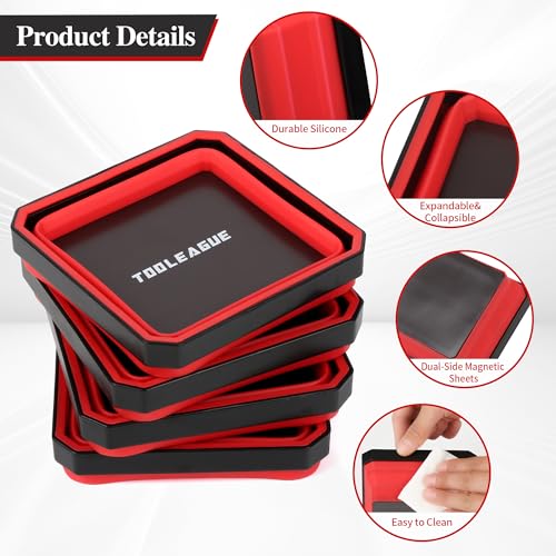 TOOLEAGUE 4Pcs Collapsible Magnetic Parts Tray Set with 15Lb Magnetic Pickup Pen,4.5" Square Silicone Foldable Tool for Organizing Screw Bolts Nuts Washers Pins and Other Small Metal Parts - size: 4pcs