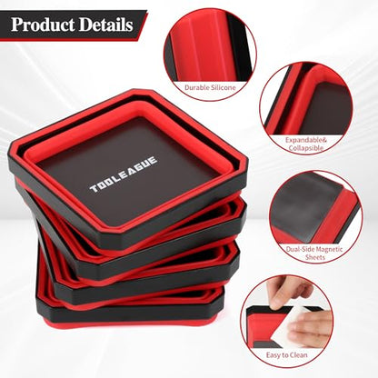 TOOLEAGUE 4Pcs Collapsible Magnetic Parts Tray Set with 15Lb Magnetic Pickup Pen,4.5" Square Silicone Foldable Tool for Organizing Screw Bolts Nuts Washers Pins and Other Small Metal Parts - size: 4pcs