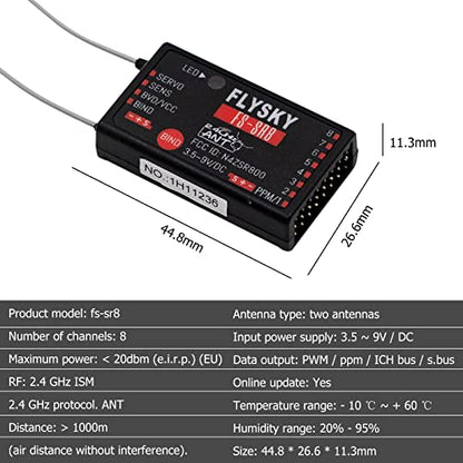 Flysky FS-SR8 Receiver, 2.4GHz 8 Channel Remote Control Receiver Compatible with Flysky FS-ST8 RC Transmitter for RC Cars, Boats and Helicopters (FS-SR8 Receiver) - style: FS-SR8 Receiver