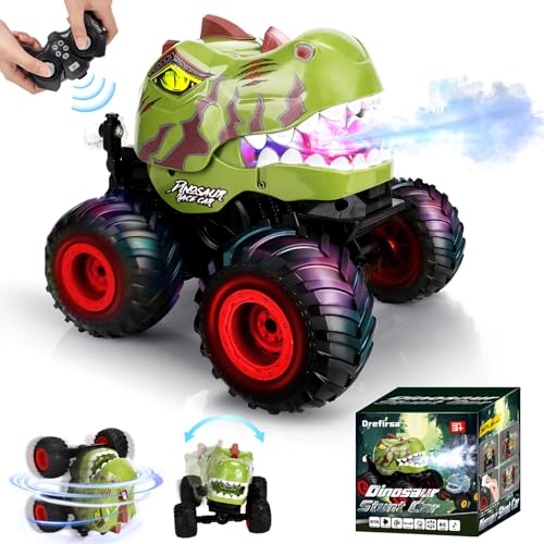 Drefirsa Dino Remote Control Car for Boy 4-7 8-12 wtih Stunt, Light, Sound | 50min+ Runtime, Spray, LED Light, 360° Rotating, 90° Driving, Dinosaur Toy, Monster Truck Toy for Kid Birthday Christmas Gift - color: Green & Brown