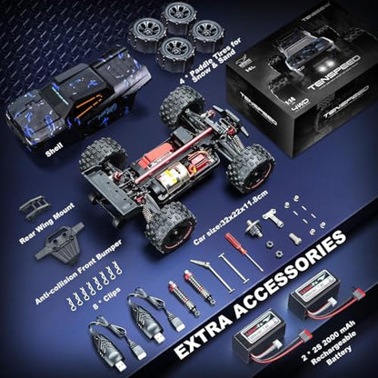 1:14 Scale RC Cars for Adults, 60KPH High Speed RC Truggy, 4X4 Off-Road Remote Control Truck, Waterproof Electric Car with 2S Battery, All Terrain RC Vehicle for Snow, Sand, Beach & Rocky Surfaces