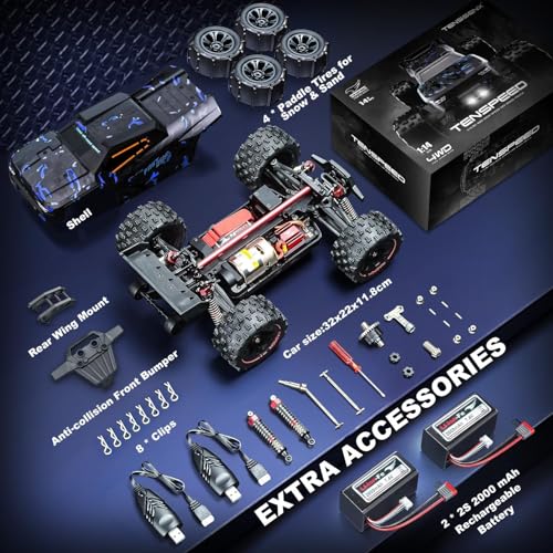 1:14 Scale RC Cars for Adults, 60KPH High Speed RC Truggy, 4X4 Off-Road Remote Control Truck, Waterproof Electric Car with 2S Battery, All Terrain RC Vehicle for Snow, Sand, Beach & Rocky Surfaces