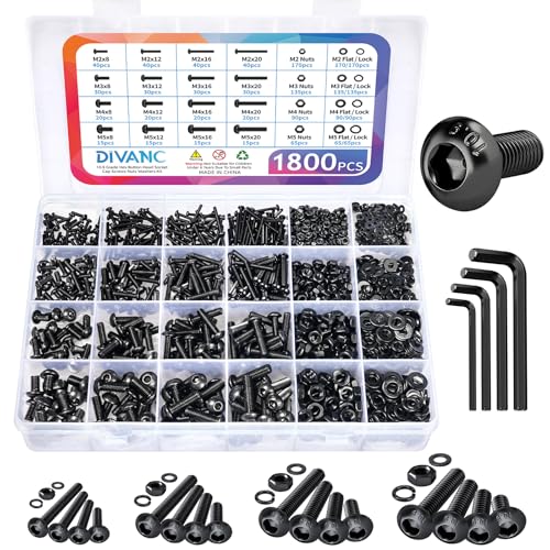 1800PCS Metric Screw Assortment, Metric Bolt Assortment Kit M2 M3 M4 M5 Machine Screws with Lock & Flat Washers, Grade 10.9 Alloy Steel Hex Socket Button Head Black Screws Nuts and Bolts Kit (Black) - size: M2M3M4M5 1800PCS