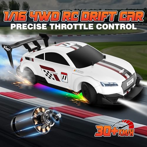 RC Drift Car 1/16 Scale 2.4Ghz 4WD Remote Control Car With Spray & Led Lights, 30+KM/H High Speed RC Drag Car, Racing Sport Toy Cars for Adults Boys Girls Kids Gift 2Pcs Rechargeable Battery - color: White