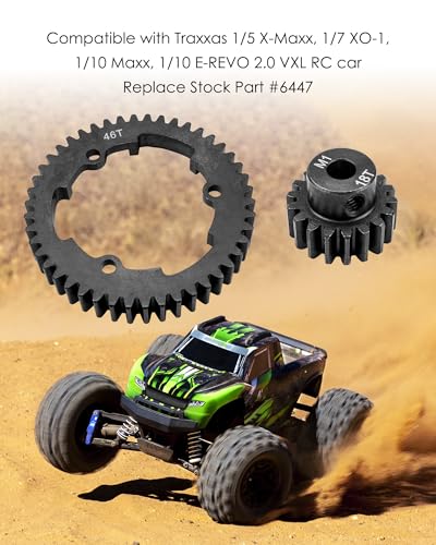46T 1 Mod Hardened Steel Spur Gear ＆ 18T Motor Pinion Gear Compatible with 1/5 X-Maxx 1/7 XO-1 1/10 Maxx 1/10E-Revo 2.0 VXL, Replace 6447
