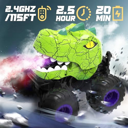 BEZGAR Monster Truck Toys, 1:20 Remote Control Car with Spray, Light, Music | Green Dinosaur Toys for Kids, 1:20 Scale RC Truck with 360° Spins and Drifting, Car Toys Gifts for Boys 4-7 - color: Green