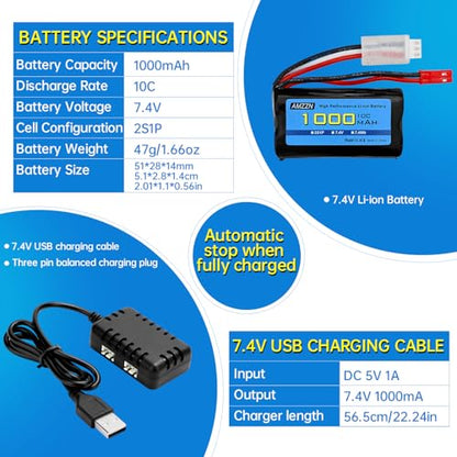 2PCS 7.4V 1000mAh 2S JST Plug Li-ion Battery with 2-in-1 Charger for RC Car,Stunt Flip Vehicle,Truck,Engineering Vehicle,RC Boat,Excavator,Toy Car Model,Off-Road Vehicle Battery