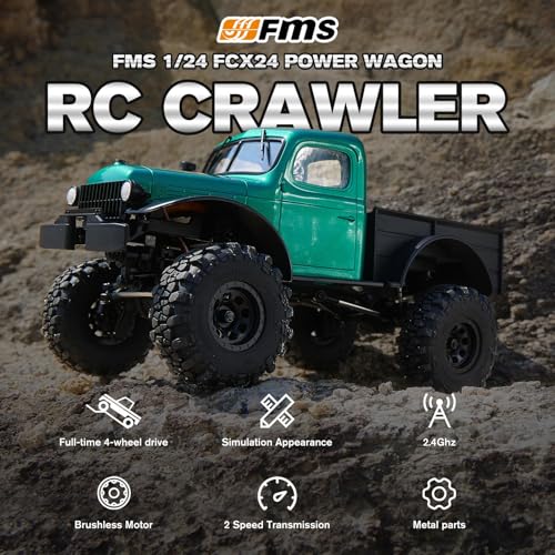FMS FCX24S Power Wagon S 1/24 RC Crawler, Brushless 4x4 RTR Rock Crawler with Metal Suspension, 2-Speed Transmission, PC Hard Body – RC Car for Adults and Gift
