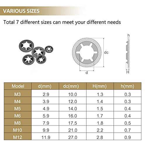 300 Pieces Internal Tooth Star Lock Washers, Kindroufly 7 Sizes Quick Speed Locking Washers, Push on Retaining Clips Assortment Kit (M3, M4, M5, M6, M8, M10, M12) - size: M3, M4, M5, M6, M8, M10, M12