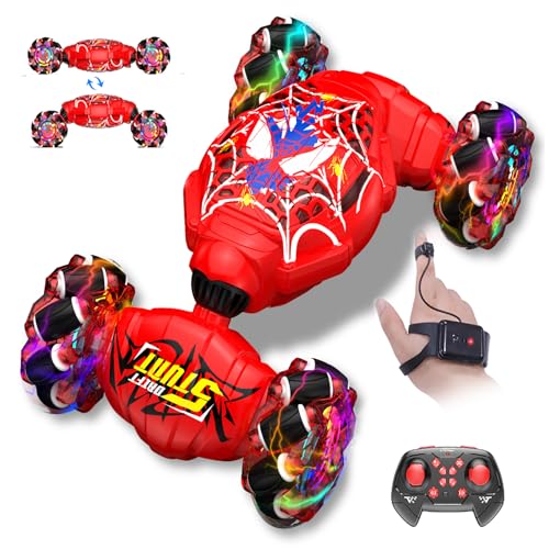 Nikuku Gesture Sensing RC Stunt Car, 4WD Remote Control Car for Boys 6-12 | Hand Controlled RC Twist Car with Lights & Music, 360° Rotation, Birthday Gift Ideas for Kids Ages 6 7 8 9 10 11 12 - color: Red