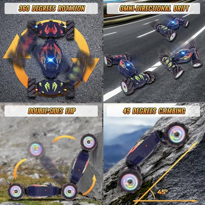 Pristar RC Cars, Gesture Sensing RC Stunt Car Toys for Boys Girls 6-12 | 2.4Ghz 4WD Remote Stunt Car with Spray Lights Music 360°Fast Off-Road Transform, Birthday Xmas Gifts for Kids Age 6-12 - color: Blue-flame