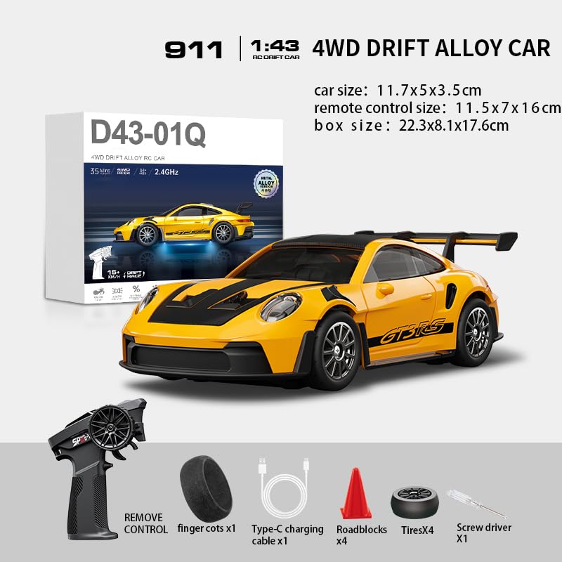 1:43 RC Drift Car 20KM/H with Gyro, 2.4G 4WD Full Proportional Alloy Sport Racing Car, Adjustable Speed, LED Lighting for Teens & Adults-D43-01 - color: Q1/Yellow