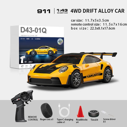 1:43 RC Drift Car 20KM/H with Gyro, 2.4G 4WD Full Proportional Alloy Sport Racing Car, Adjustable Speed, LED Lighting for Teens & Adults-D43-01 - color: Q1/Yellow