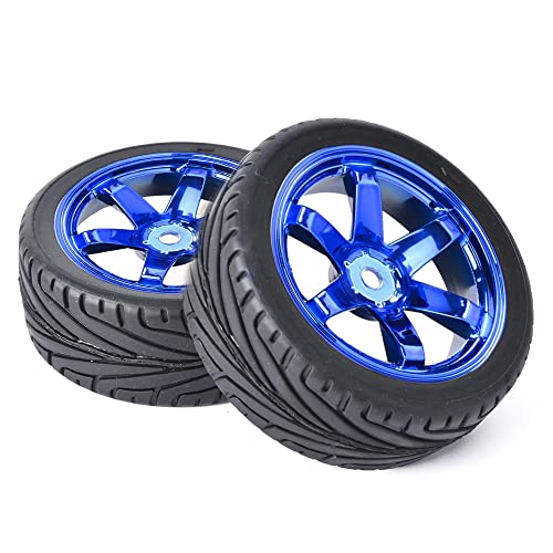 4PCS RC Car Rubber Tires and Plastic Wheels Rims Compatible with 1/10 Scale On Road Touring Racing Flat Drift Car for HSP HPI Tamiya(Blue) - color: Blue