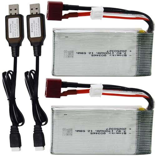 Blomiky 2 Pack 7.4V 1600mAh 12.58Wh 30C Lipo Battery with T Plug and USB Cables for 1:10 Scale 200E 9200 9200E 9205E 9206E RC Trucks