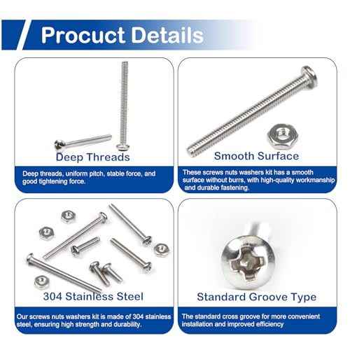 #2-56 Phillips Pan Head Machine Screws Nuts Assortment Kit, 5/32"-1" Length | 350Pcs, 304 Stainless Steel 18-8, UNC Fully Threaded, 9 Sizes for RC Model, 3D Printer, Electronics, Precision Device Repair - size: #2-56